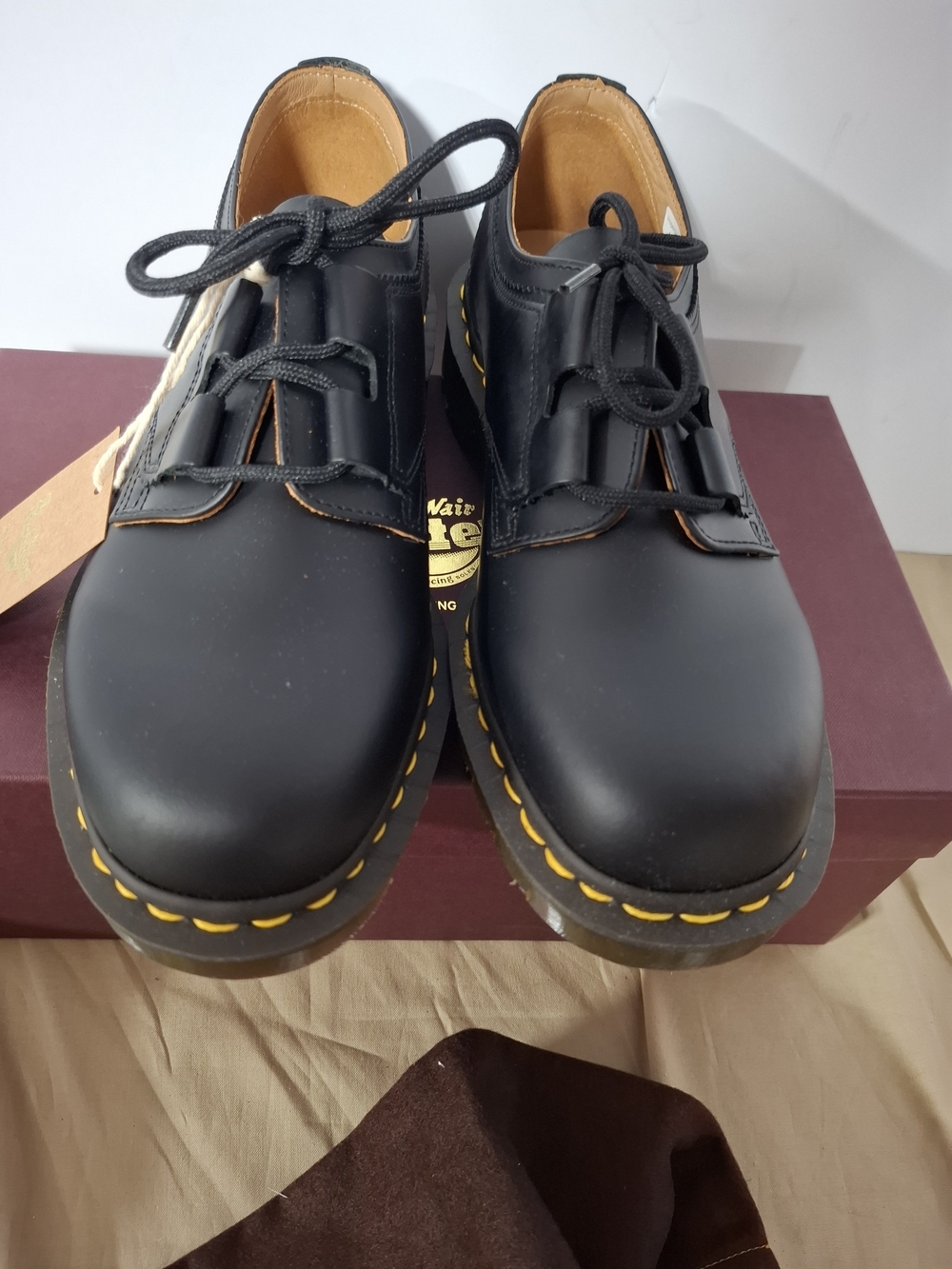Dr. Martens Black Leather Oxfords with Yellow Stitching